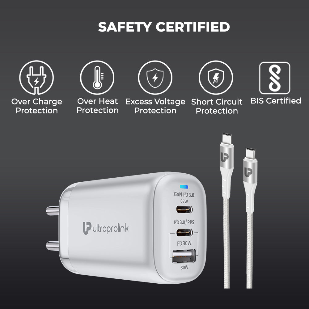 65W GaN Dual Port 33W USB-C PD Power Delivery + 32W Quick Charge 3.0 Wall
